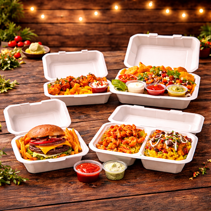 Biodegradable Bagasse Clamshells – Multiple Sizes (6", 9x6", 9x9")
