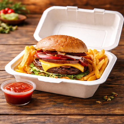 Biodegradable Bagasse Clamshells – Multiple Sizes (6", 9x6", 9x9")