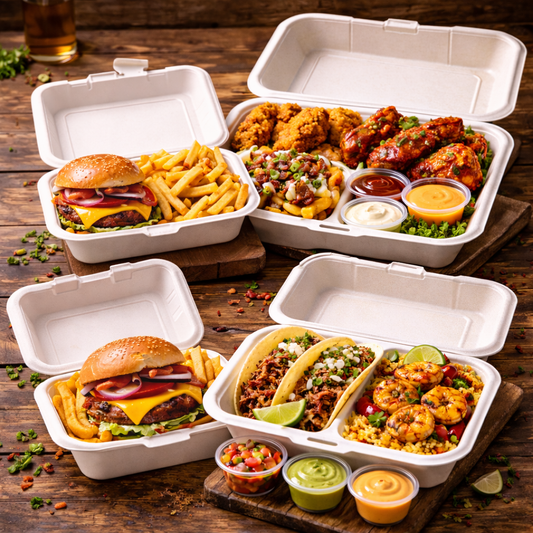 Biodegradable Bagasse Clamshells – Multiple Sizes (6", 9x6", 9x9")